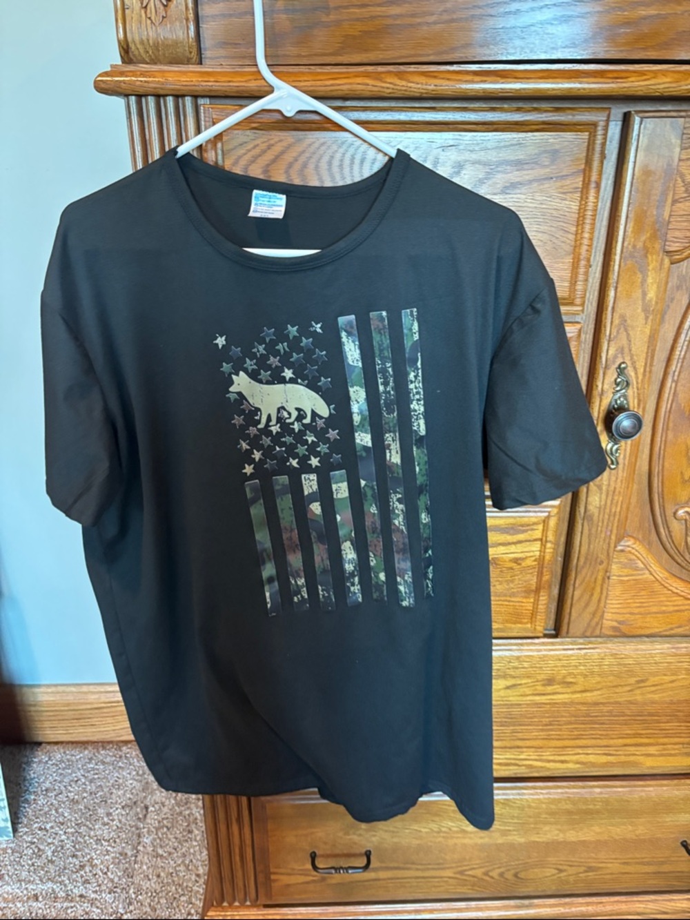 Coyote Hunting Black Graphic T-Shirt with Flag and Fox Graphic